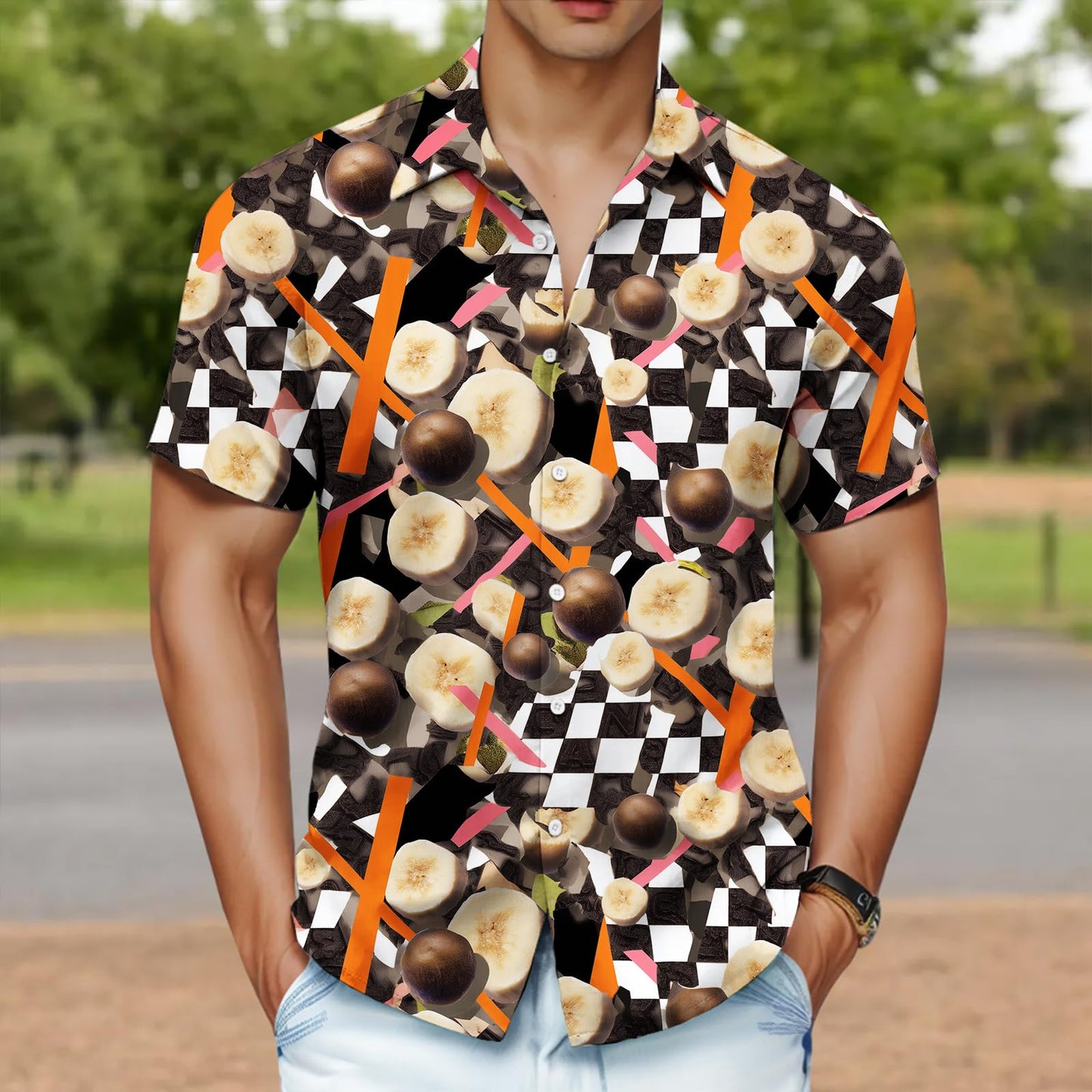 Fruit Button Down Shirts for Men Lemon Graphic Short Sleeve V Neck Polo Top Loose Fit Casual Summer Party Club Tees