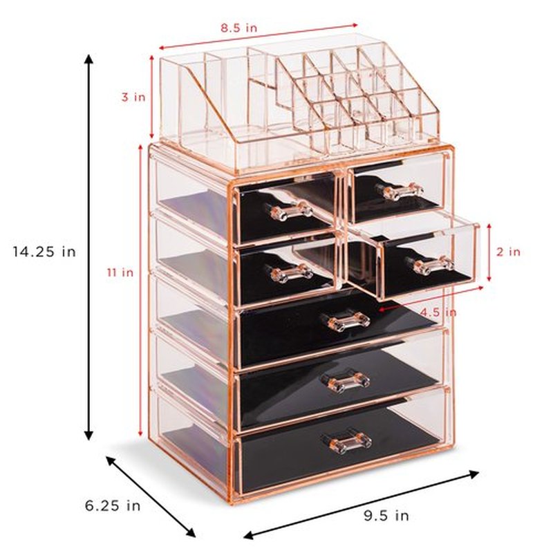Sorbus Clear Cosmetic Makeup Organizer - Make Up & Jewelry Storage, Case & Display - Spacious Design - Great Holder for Dresser, Bathroom, Vanity & Countertop (3 Large, 4 Small Drawers) [Pink]