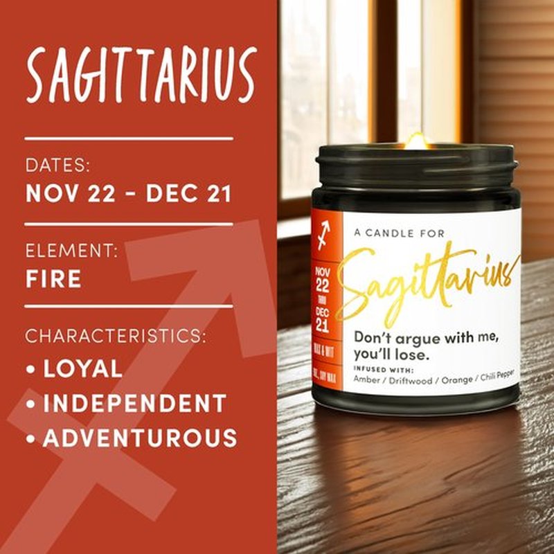 WAX & WIT Sagittarius Gifts for Women, Zodiac Gifts for Women, Astrology Gifts for Women, Zodiac Candles, Sagittarius Candle, November Birthday Gifts for Women, December Birthday Gifts for Women - 9oz