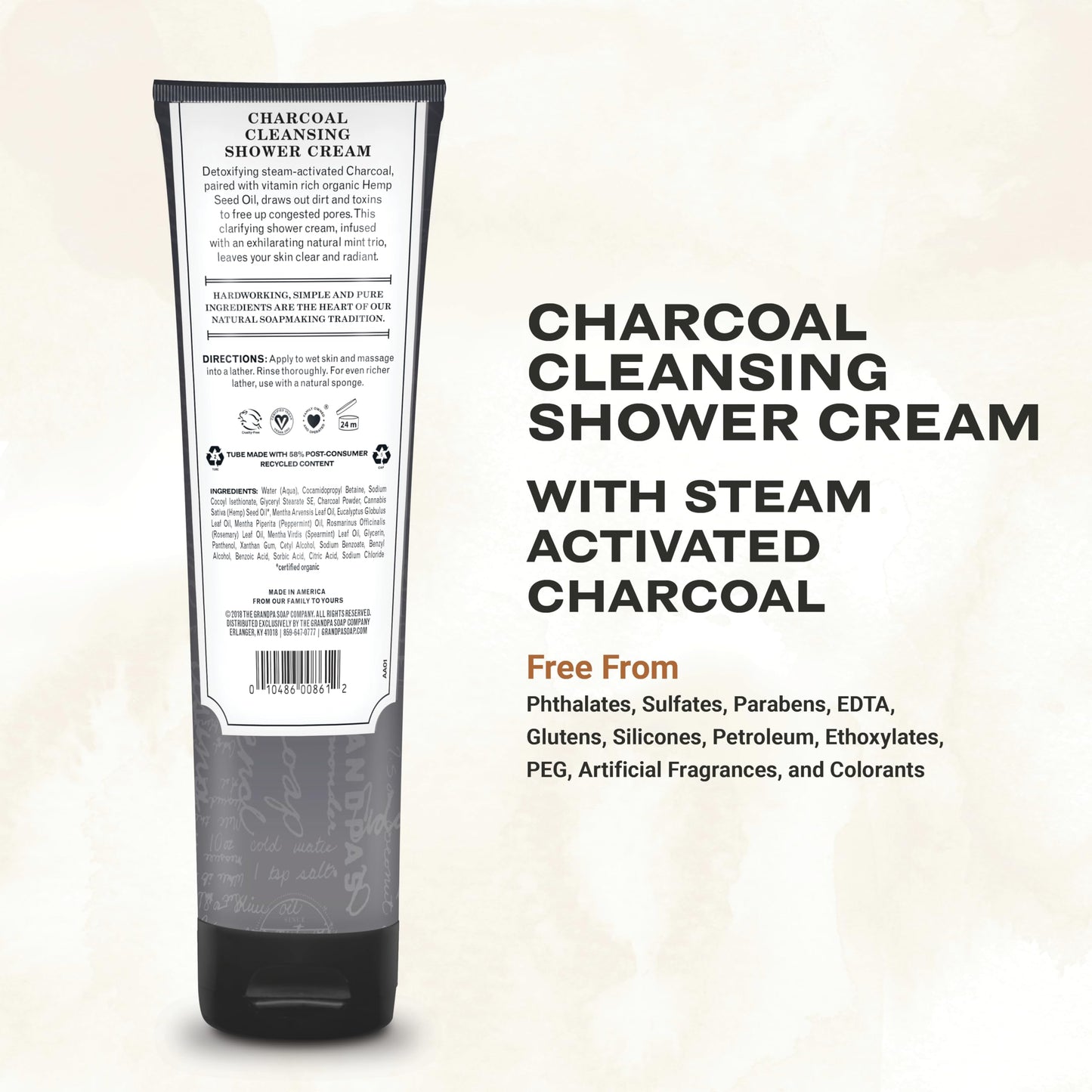 The Grandpa Soap Company Charcoal Cleansing Shower Cream - Clarifies & Restores Congested Pores, With Activated Charcoal & Hemp Seed Oil, Detoxifies, 9.5 Fl Oz