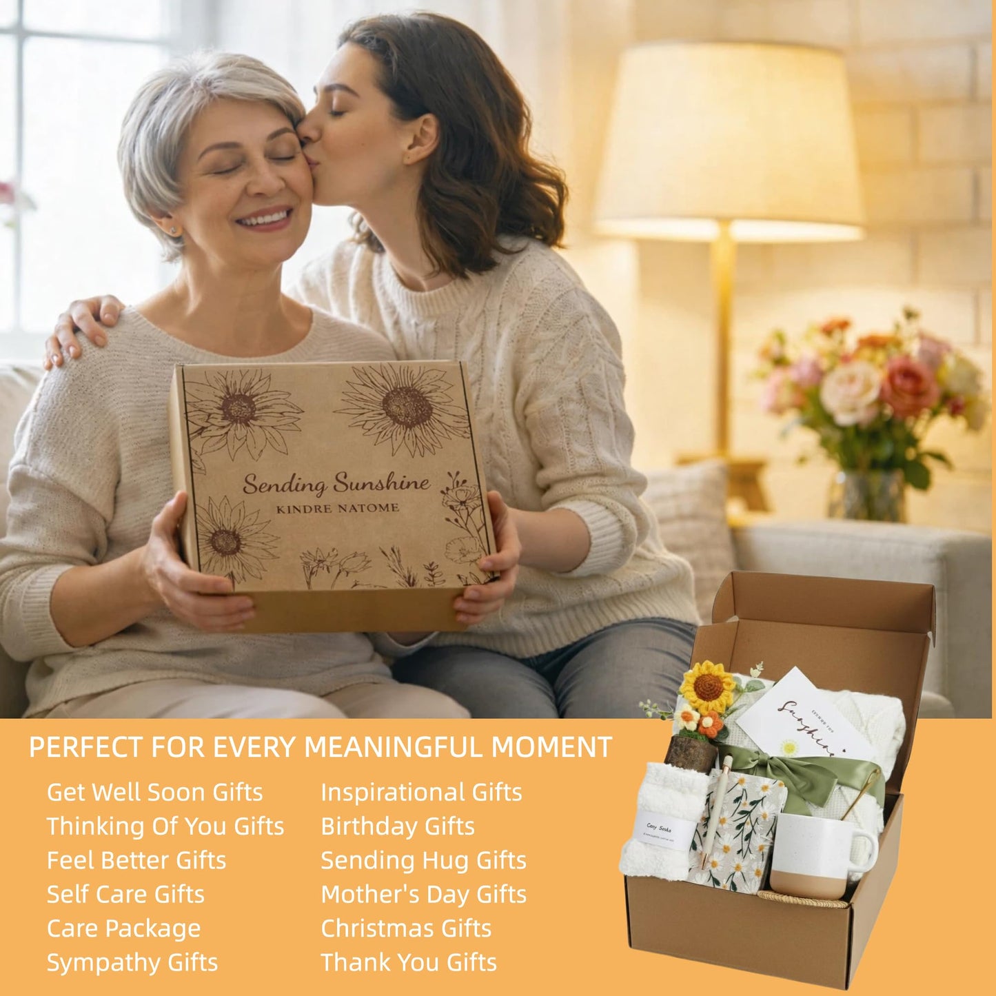 Kindre Natome Get Well Soon Gift Baskets for Women, After Surgery Recovery Care Package with Cozy Blanket & Mug, Thinking of You Feel Better Gifts, Self Care Gifts, Sunflower Sending Sunshine Box Set