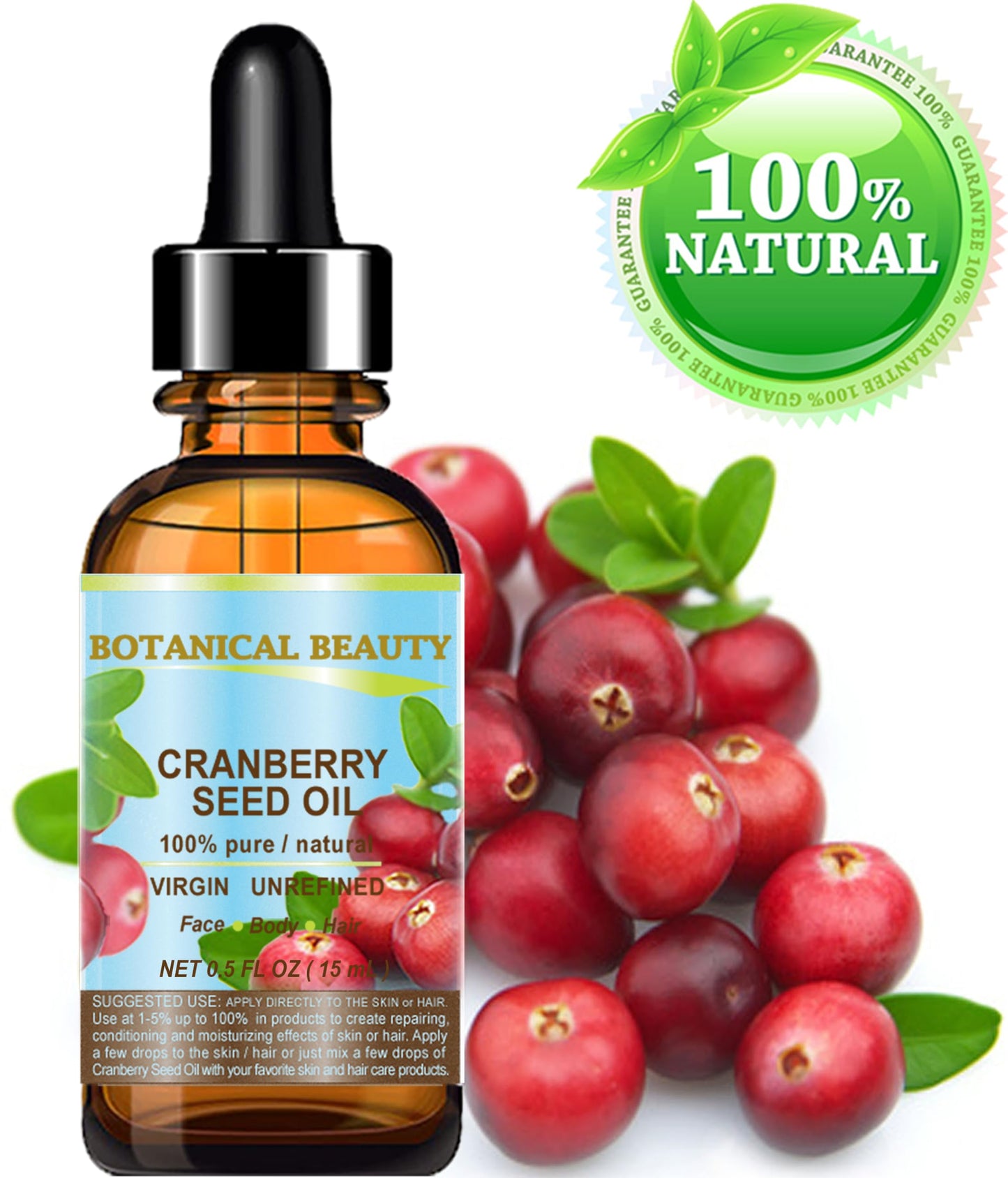 Botanical Beauty CRANBERRY SEED OIL 100% Pure Natural Unrefined Virgin Cold Pressed Carrier Oil 0.5 Fl Oz - 15 ml. for Face, Skin, Body, Hair, Lips, Nails, Anti - Aging Face Oil