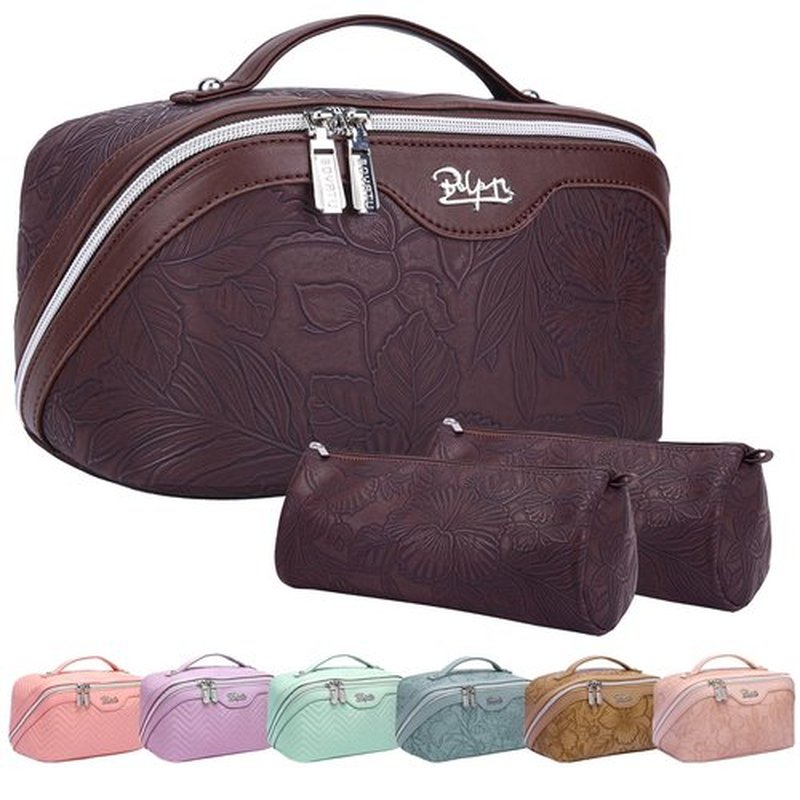 Travel Makeup Bags Cosmetic Organizer Bag: 3-Set Large Capacity Make up Bag - PU Leather Toiletry Bag for Women - Wide Open Portable Pouch with Divider & Handle (02-Reddish-Brown)