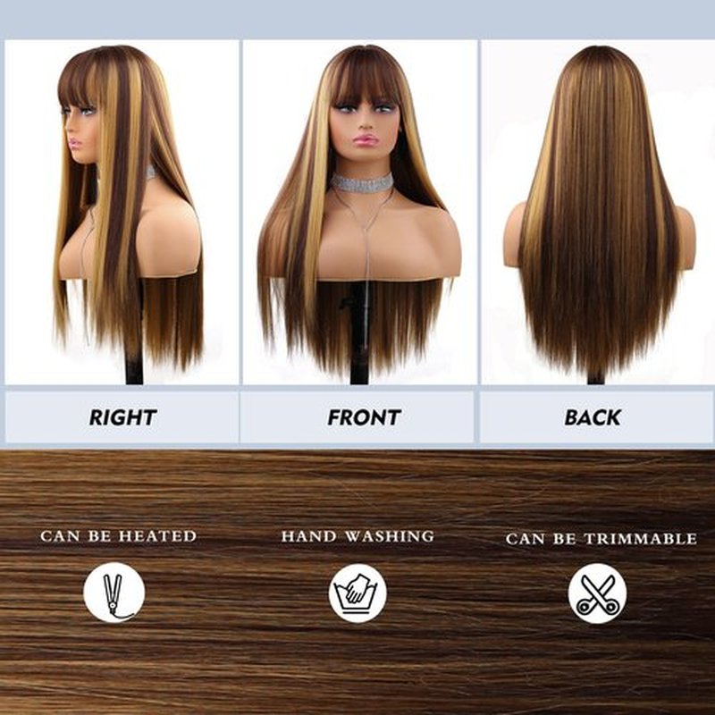 Amarlis Blonde Highlight Wigs for Women, Blonde Mix Brown Wig with Bangs Silky Soft Fiber Synthetic Wig for Daily Party Use(24 Inch,Blonde Highlight)