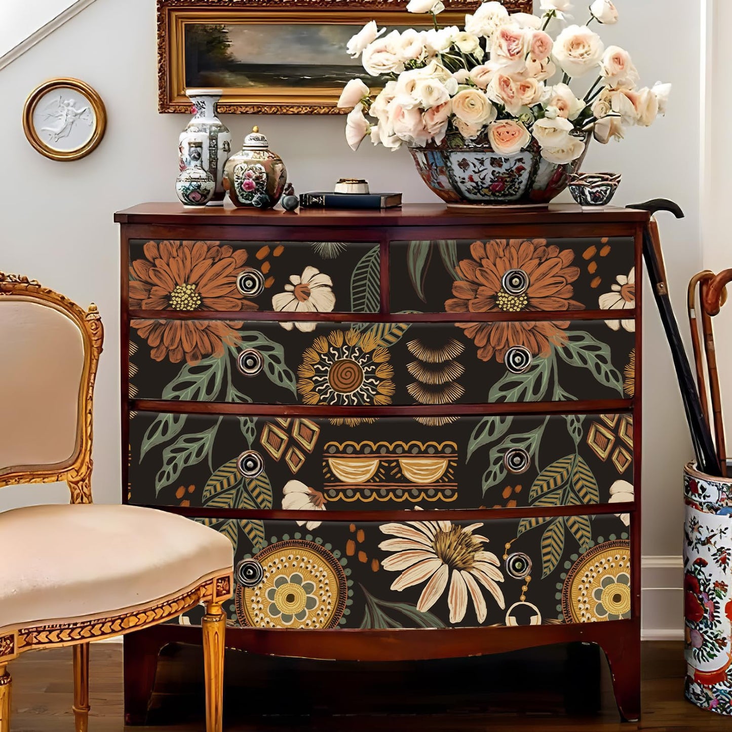 JiffDiff Boho Peel and Stick Wallpaper 17.3" x 120" Vintage Sun Floral Retro Removable Contact Paper Dark Botanical Flowers Bathroom Bedroom Renter Friendly Wall Mural