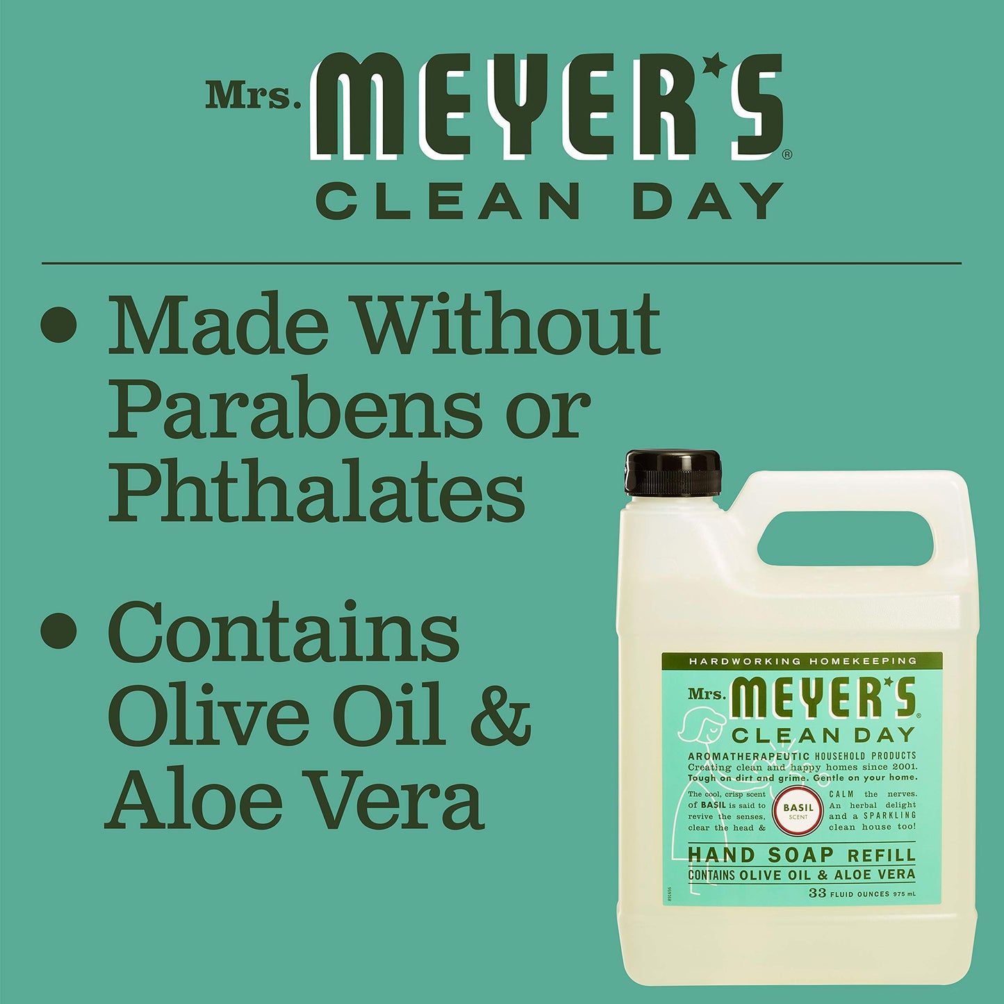 Mrs. MEYER'S Basil Scent Liquid Hand Soap Refill Bottle, 33 Fl oz. (Pack of 6)