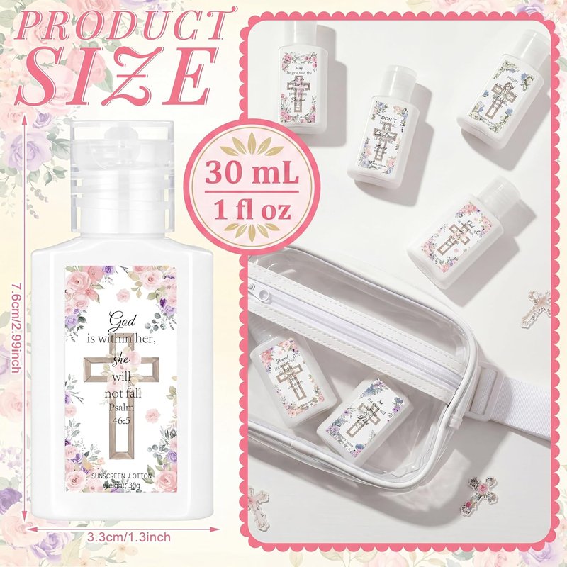 Christian Party Favors - 30 Pcs Mini Sunscreen with Inspiring Flower Cross Bible Verse | Travel Size 1 oz SPF 30 for First Communion & Baptism