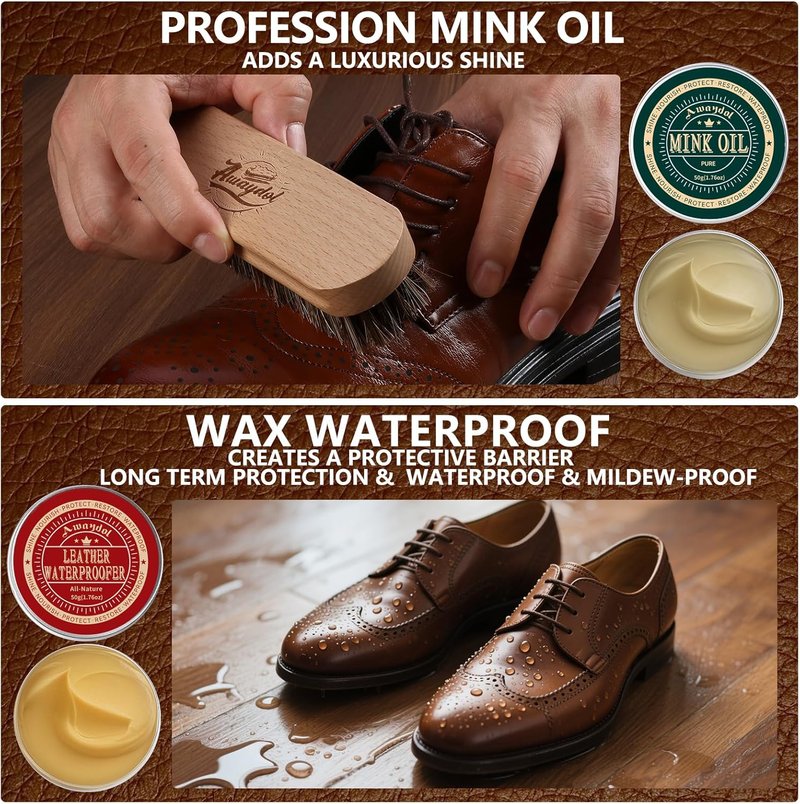 Leather Care Kit - 10 PCS Horsehair Brushes, Saddle Soap & Mink Oil | Boot & Shoe Shine Essentials for Men