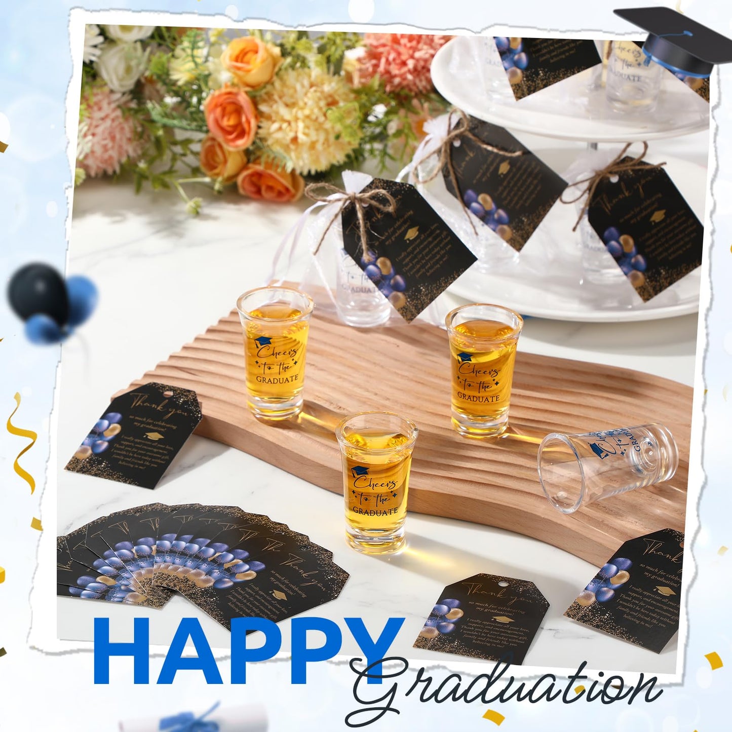 Maxcheck 50 Sets Graduation Party Favors for Guests Cheers to the Graduate Acrylic Shot Glasses with Thank You Cards and Organza Bags Graduation Gifts for Teacher Classmates Family(Blue)
