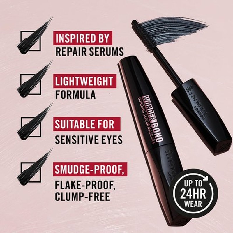 Rimmel Wonder'Bond, 002 Black Brown, Mascara, Bonding Serum Mascara, Volumizing Mascara, Instantly Revitalized Lashes, With Biotin Bonding Complex, Smudge Proof, No Clumps, 0.39oz