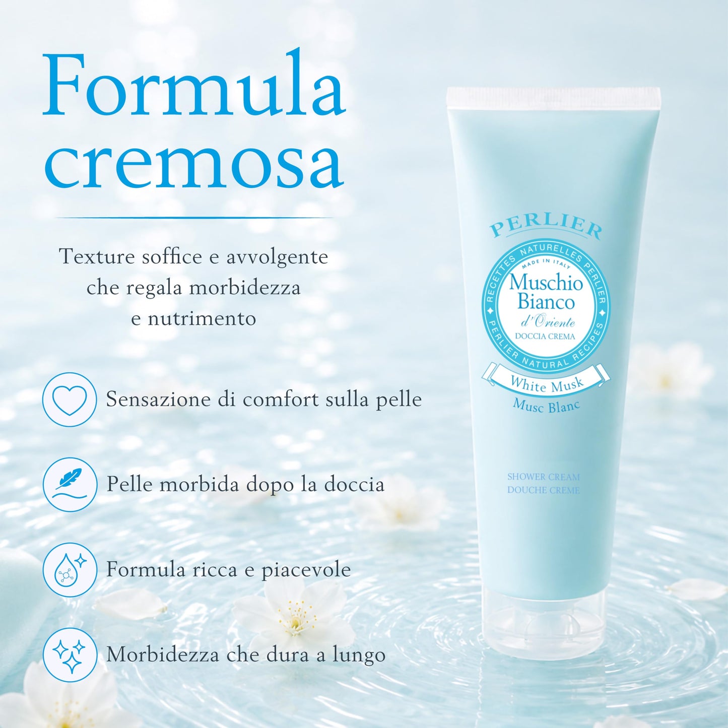 Perlier: "Muschio Bianco d'Oriente" Shower Cream, White Musk Scent 8.4 Fluid Ounces (250mL) Tube [ Italian Import ]