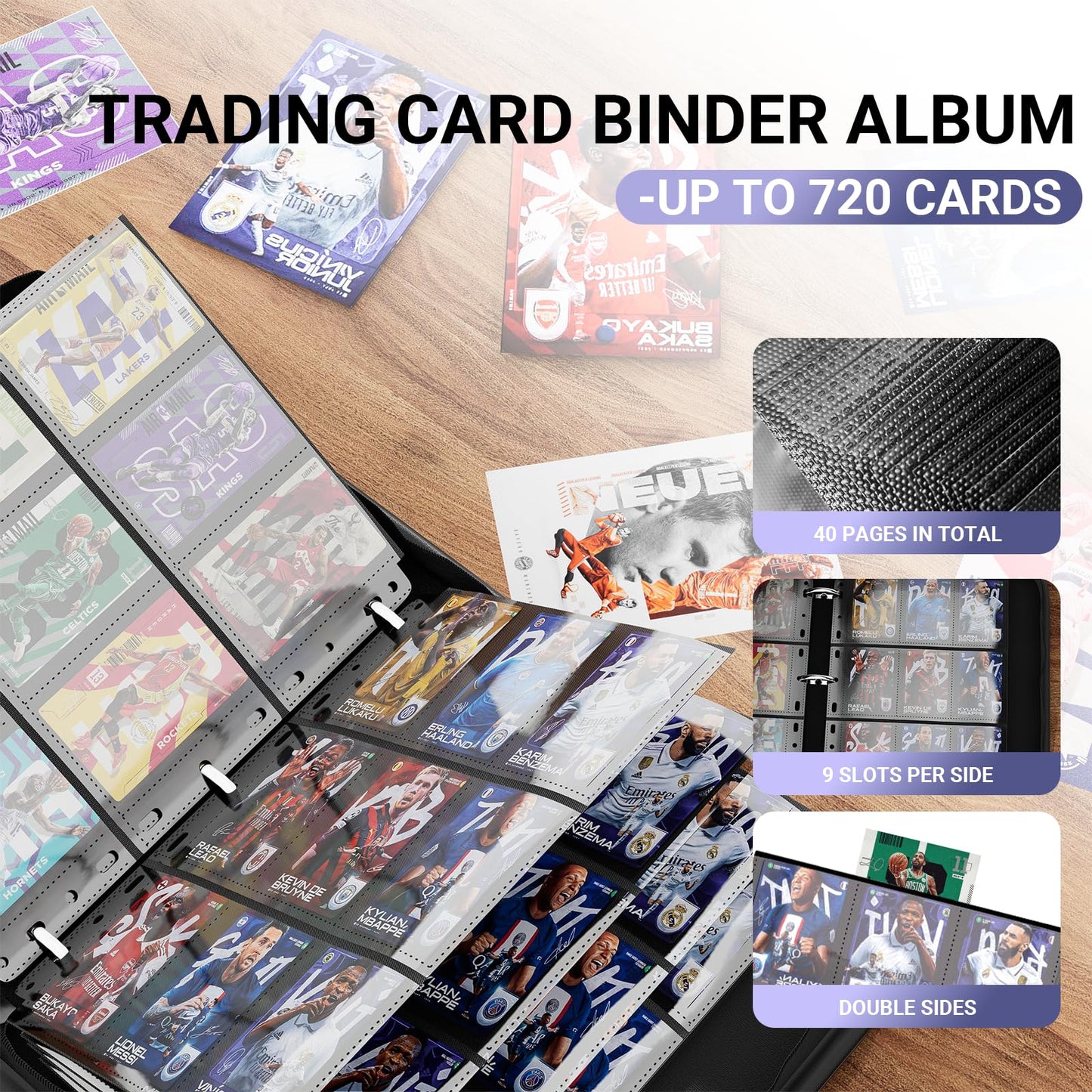 Flekko 9 Pocket Card Binder, 720 Double-Sided Pocket PU Collector Binder, Waterproof Zip Trading Card Holder Binder for MTG, TCG, and Sports Card Albums (Black)