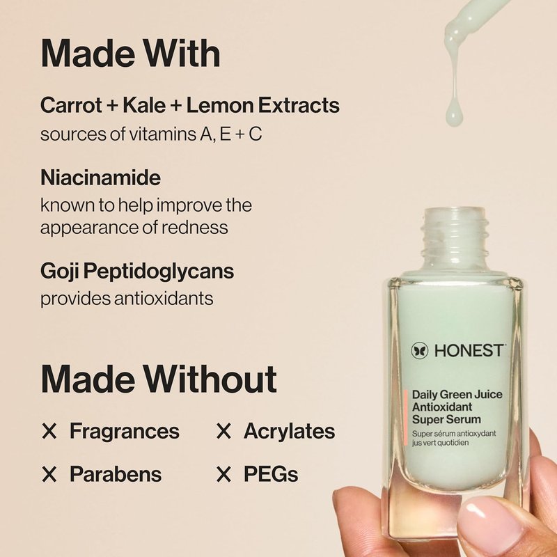 Honest Beauty Daily Green Juice Serum - Antioxidant Formula for Even Skin Tone, Fragrance-Free, 1 fl oz