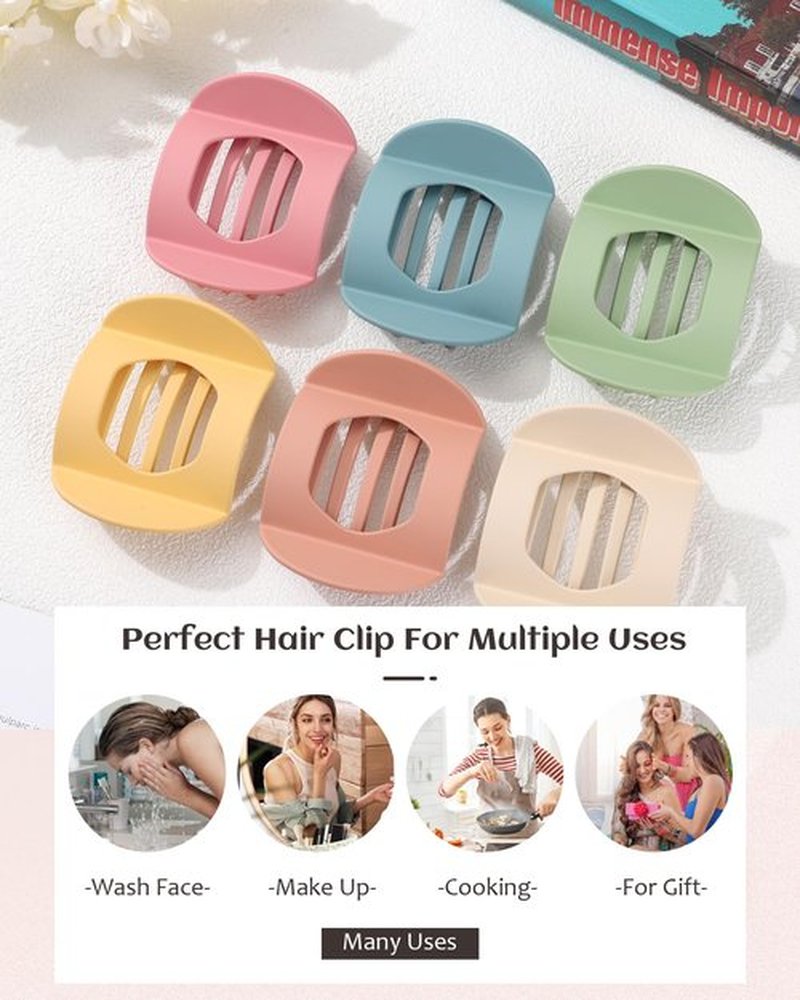 6 PCS Flat Hair Clips for Women Medium Non-slip Flat Claw Clip Strong Grip Hair Claw Clips Hair Barrettes for Thin Hair (Red Bean Paste+Pink+Green+Yellow+Blue+Off-White)