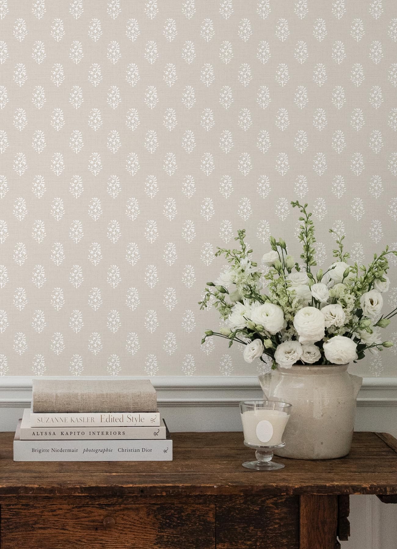 NuWallpaper x Nabela Noor Home Safia Sand Peel and Stick Wallpaper, Beige, Flowers, Transitional, Self-Adhesive, 20.5-in x 18-ft