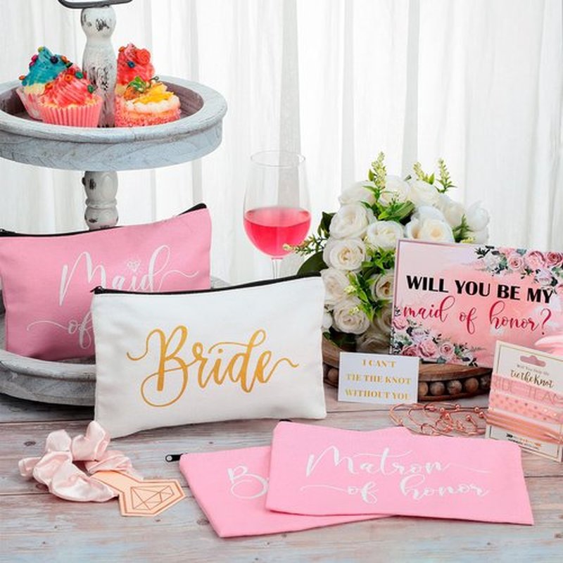 63 Pcs Bridesmaid Proposal Gifts Bulk Maid of Honor Gifts Matron of Honor Gifts Brides Bridesmaid Cosmetic Makeup Bag Hair Knotted Bracelets Invitation Cards for Wedding Bachelorette (Vivid Style)