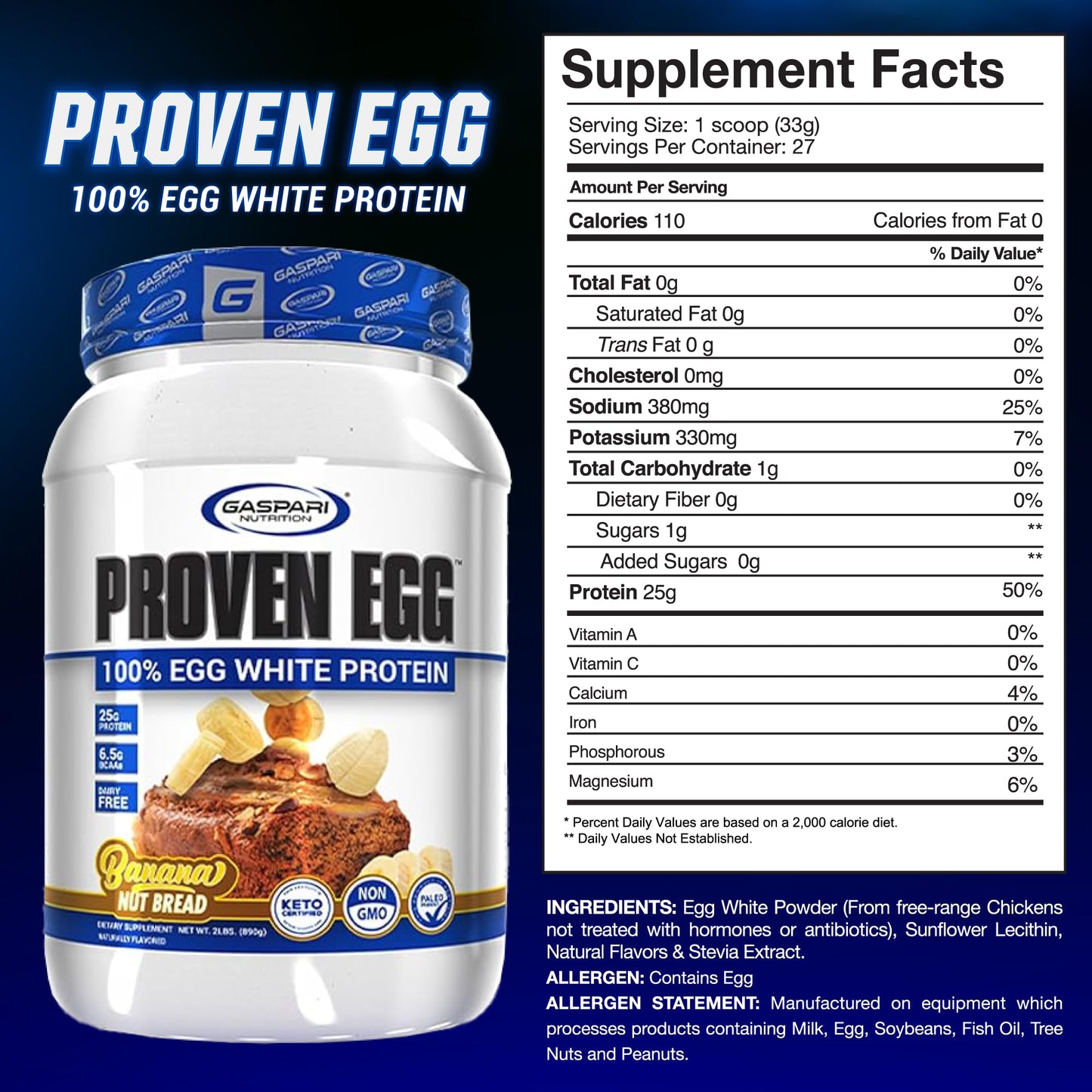 Gaspari Nutrition Proven Egg White Protein Powder, 100% Egg White Protein, 25g Dairy Free Protein Powder, Keto Friendly, Lactose, & Soy Free (2 lbs, Banana Nut Bread)