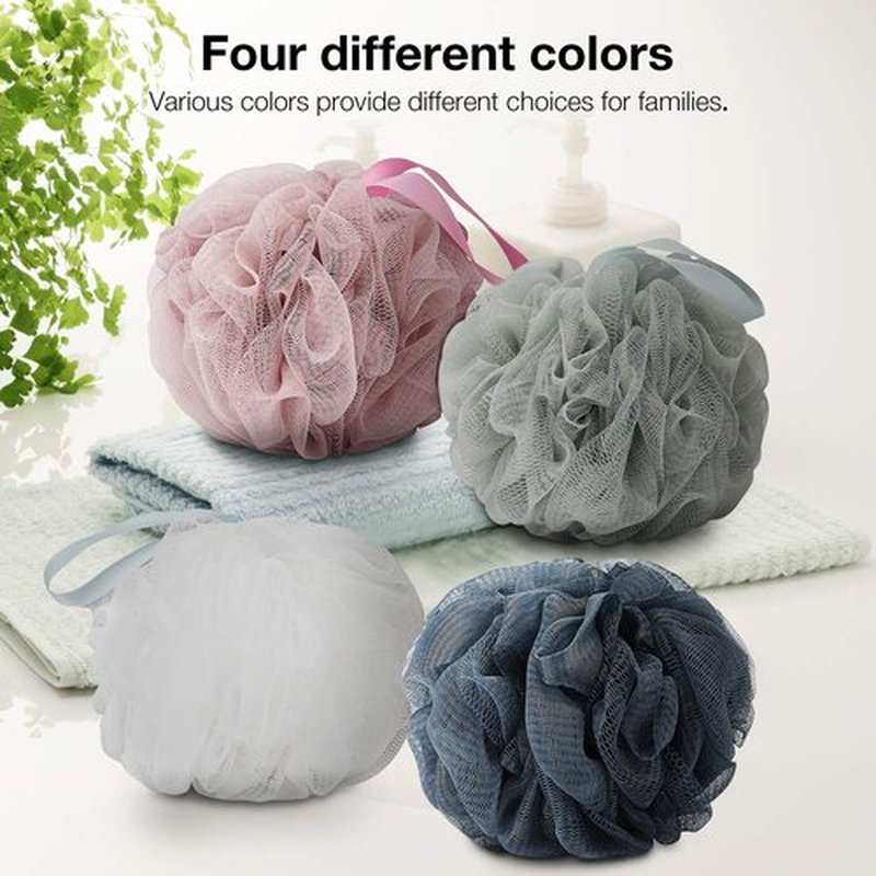 DadyMart Bath Shower Loofah Sponge 60g Bath Mesh Pouf Shower Ball Body Scrubber Exfoliating Bath Sponge for Women and Men, Set of 4, Drak Grey-Pink-Grey-White