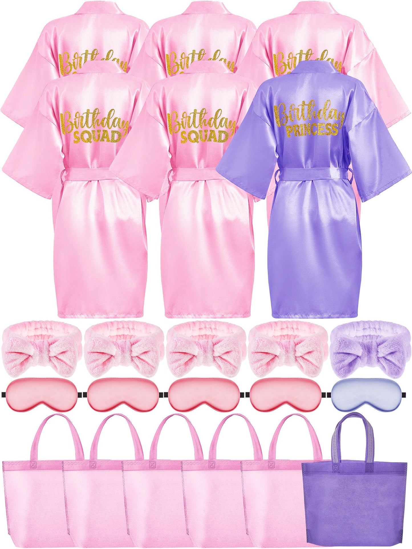 Sintuff Girls Spa Party Supplies 24 Pcs-6 Robes, 6 Headbands, 6 Eye Masks & 6 Tote Bags for Sleepover Slumber Birthday Party(Size 14,Purple)
