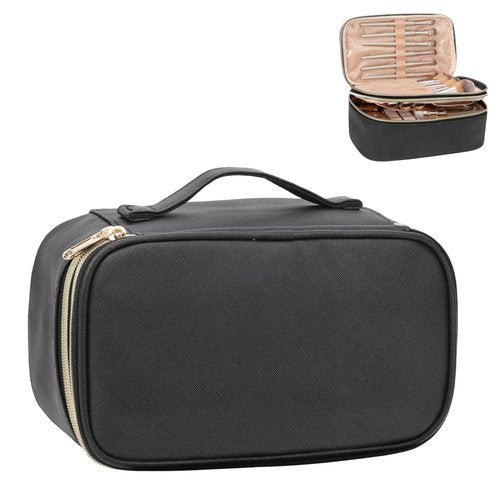 Relavel Small Makeup Bag, Makeup Brush Cosmetic Organizer, Portable 2 Layer Travel Makeup Organizer, Cosmetic Bag for Women, Handbag Purse Pouch, Compact Capacity for Daily Use (Black)