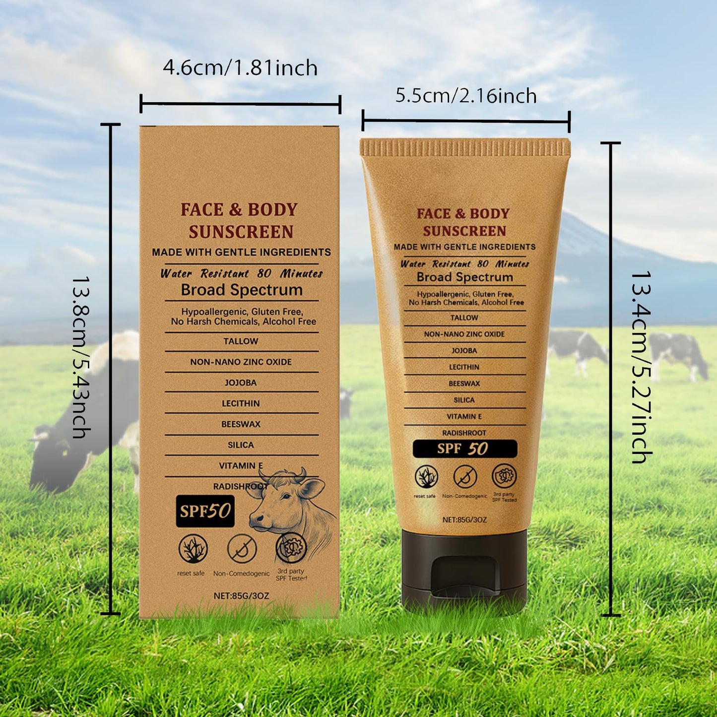 Beef Tallow Sunscreen, Natural Mineral Sunscreen for Face, SPF50 Sunblock Beef Tallow for Skin Non Greasy Clean, Anti White Cast, Moisturizing for Face and Body, Women and Men. - 3 fl.oz