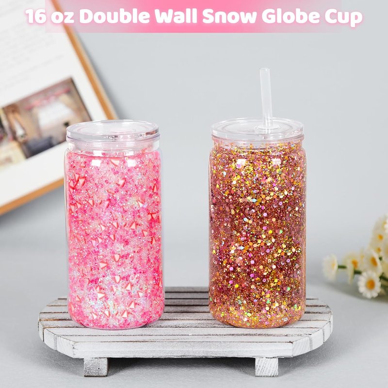Snow Globe Tumbler - 16 Oz Double Wall Plastic Can with Lid & Straw | 8 Pack for DIY Glitter Gifts