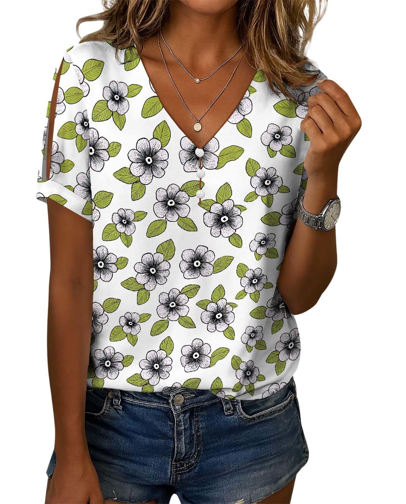 Summer Floral Print Boho Blouses for Women Casual Loose Fit Top Front Button V Neck Tee with Slit Short Sleeves Lightweight Relaxed Shirts