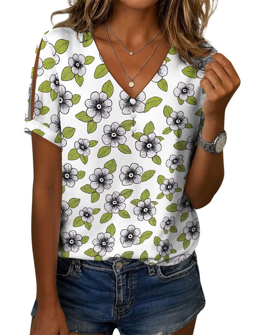Summer Floral Print Boho Blouses for Women Casual Loose Fit Top Front Button V Neck Tee with Slit Short Sleeves Lightweight Relaxed Shirts