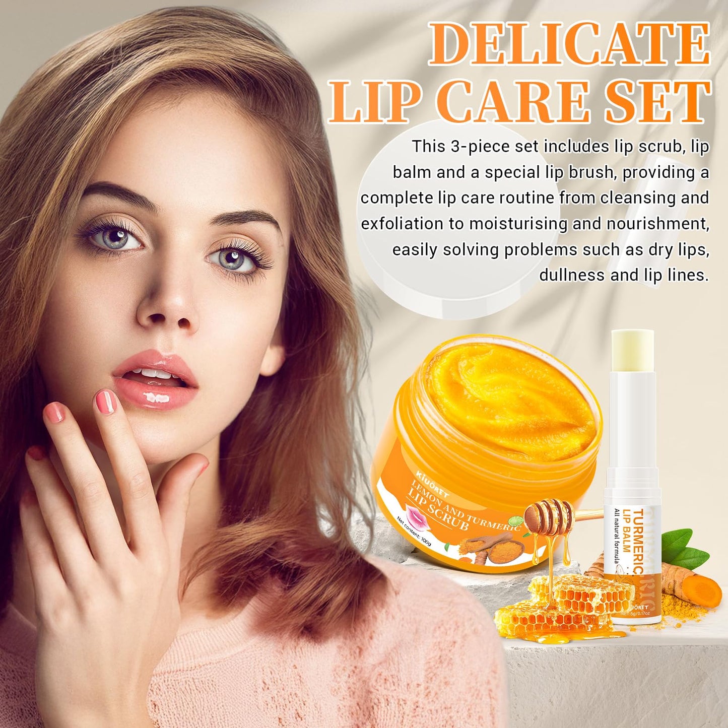 Turmeric Lemon Lip scrub & Turmeric Lip Balm with Brush Set 3PCS - Lips Scrubber Exfoliator for Dark Lips, Reduces Fine Lines Lip - Hydrating & Smooth Cracked, Dull, Dry