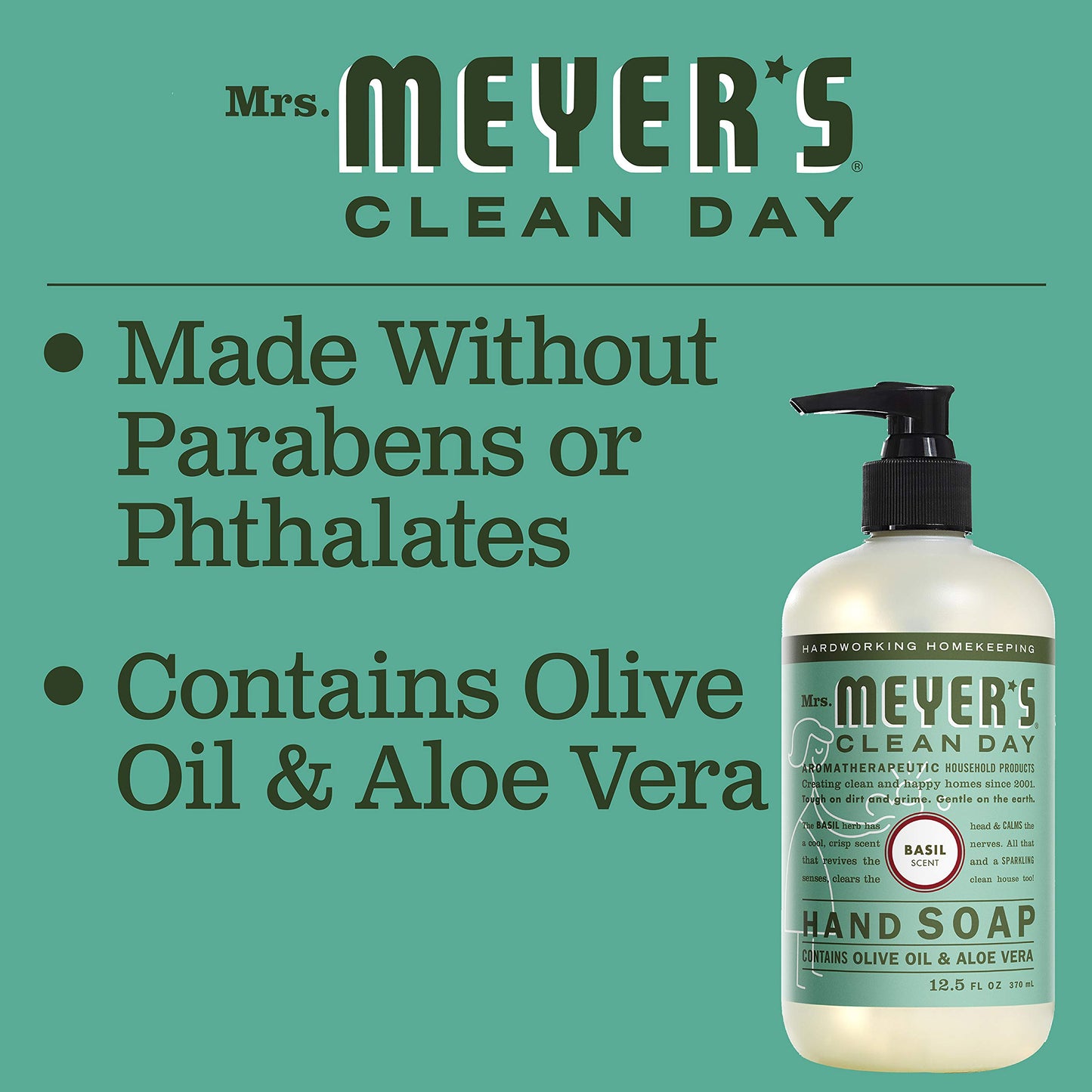 Mrs. Meyer's Hand Soap, Made with Essential Oils, Biodegradable Formula, Basil, 12.5 Fl. Oz
