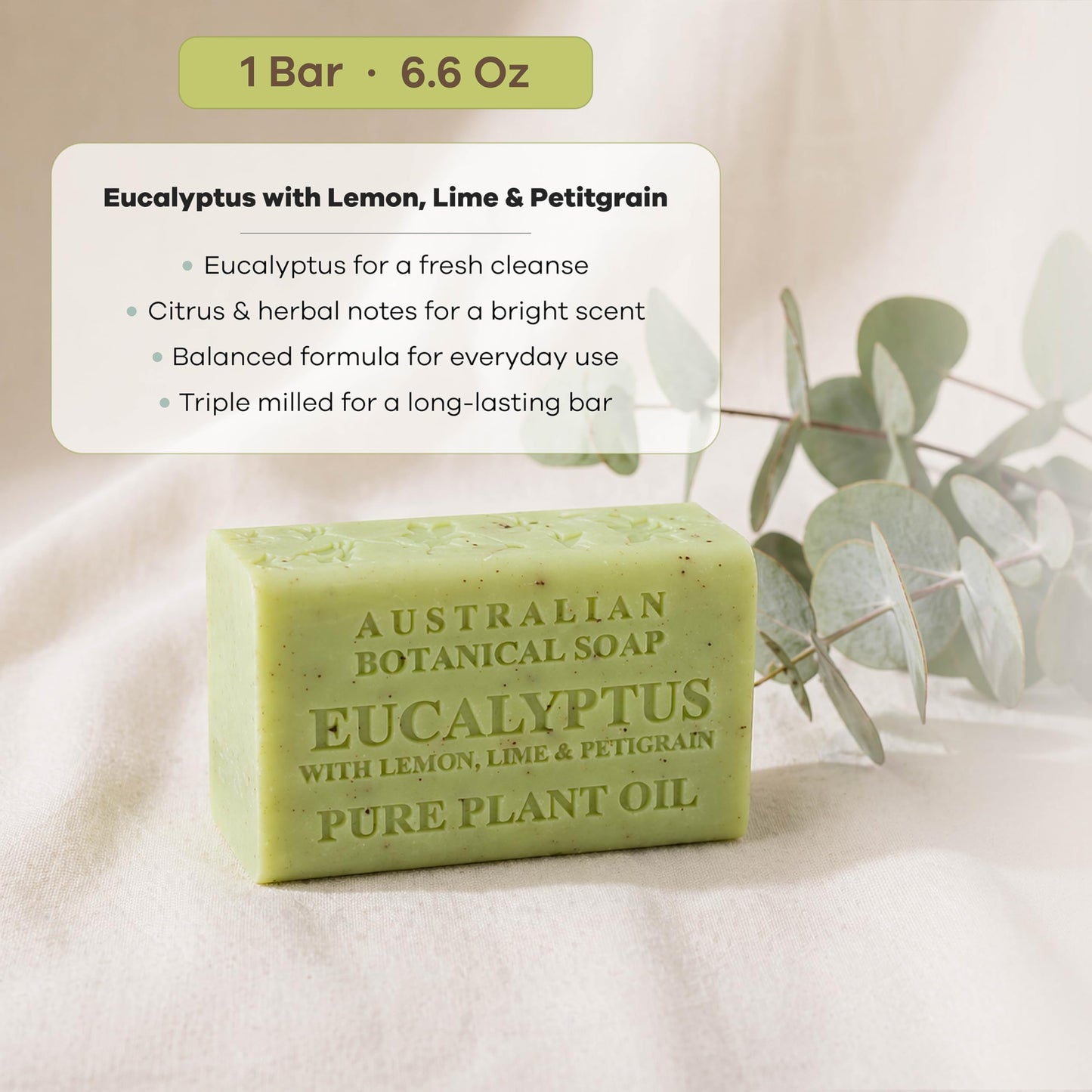 Australian Botanical Soap Eucalyptus with Lemon Lime and Petitgrain 6.6 oz Triple Milled Luxury Soap Bar Enriched with Shea Butter and Natural Oils, Pack of 1