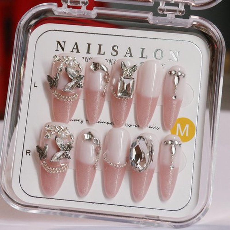 CAMILCY Handmade Nails Press on Almond nail long pointed pink crystal bow design Hand Painted Reusable Gel UV Finished Pre Shaped False Nails for Women 10pcs 3D Handmade Nails (A017 L)