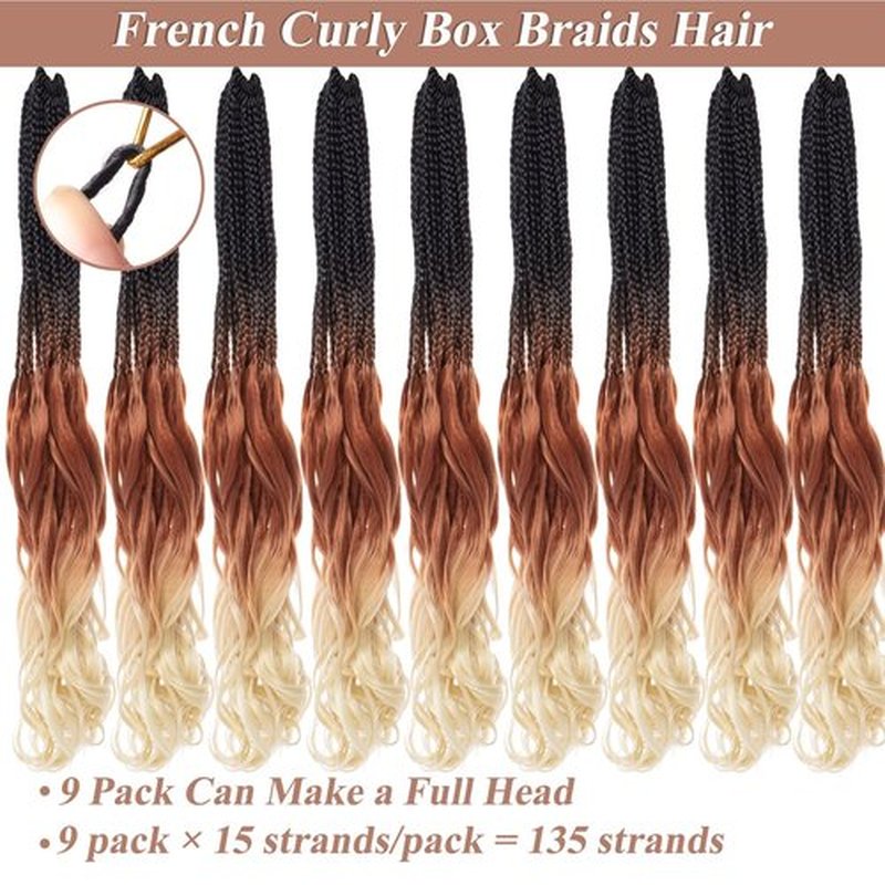 RuiYok 9 Packs French Curl Crochet Braids 14 Inch Ombre Brown Blonde Bohemian Goddess Box Braids Hair with Curly Ends Pre Looped Bouncy French Curly Braiding Hair for Women
