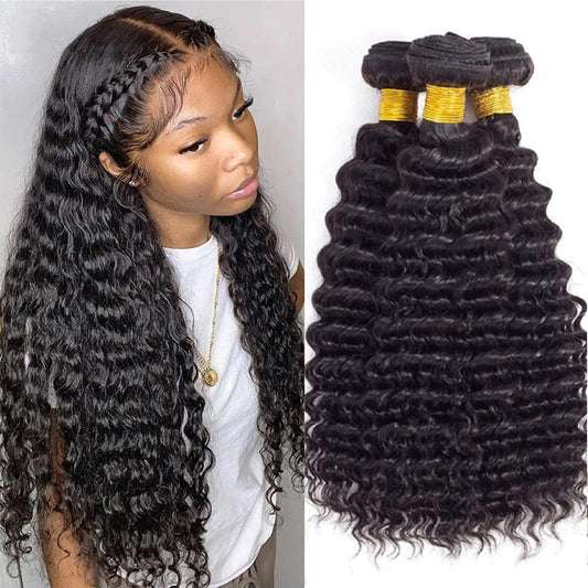 Deep Wave Human Hair Bundles 12 14 16 Inch Curly Bundles Human Hair 100% Unprocessed Brazilian Virgin Human Hair 3 Bundles 10A Wet and Wavy Bundles Human Hair Natural Black Color