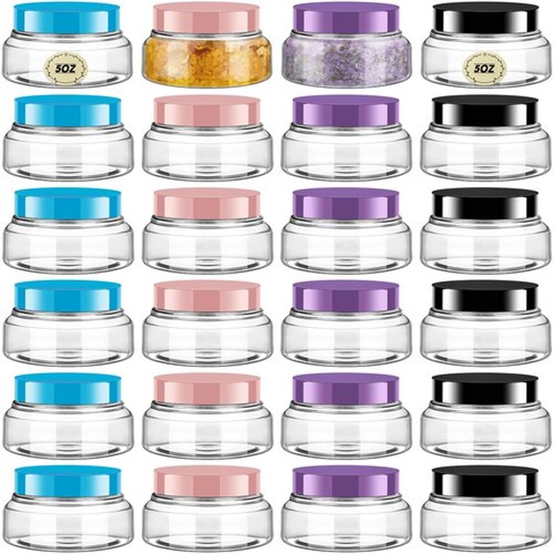 Tessco 24 Pack Plastic Jars with Lids Labels Plastic Containers Round Refillable Cosmetic Containers Empty Body Butter Jars Sugar Scrub Containers for Cosmetics (Multicolor,5 oz)
