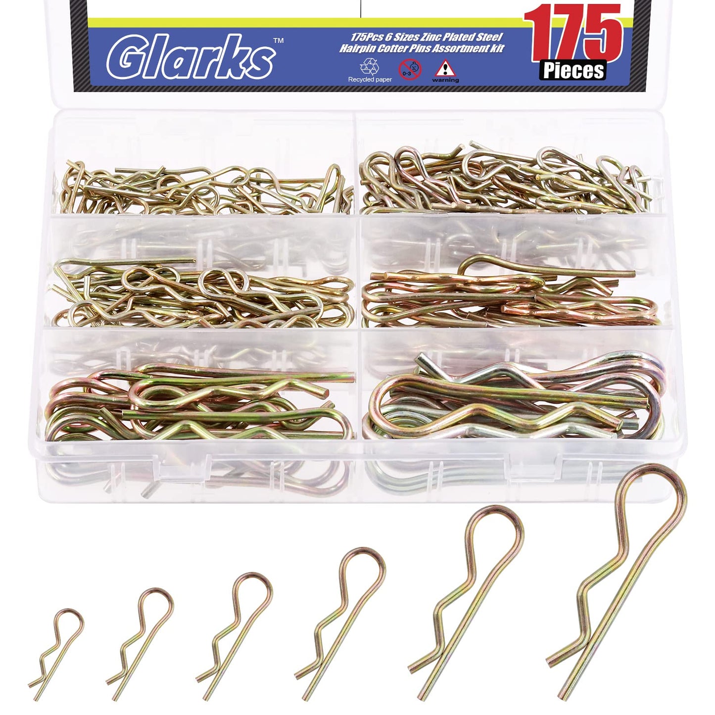 Glarks 175Pcs Hairpins R Clips Cotter Pins Assortment Kit 6 Sizes Zinc Plated Carbon Steel R Pin Hair Pin Clips Spring Fasteners for Hitch Pin Lock Systems