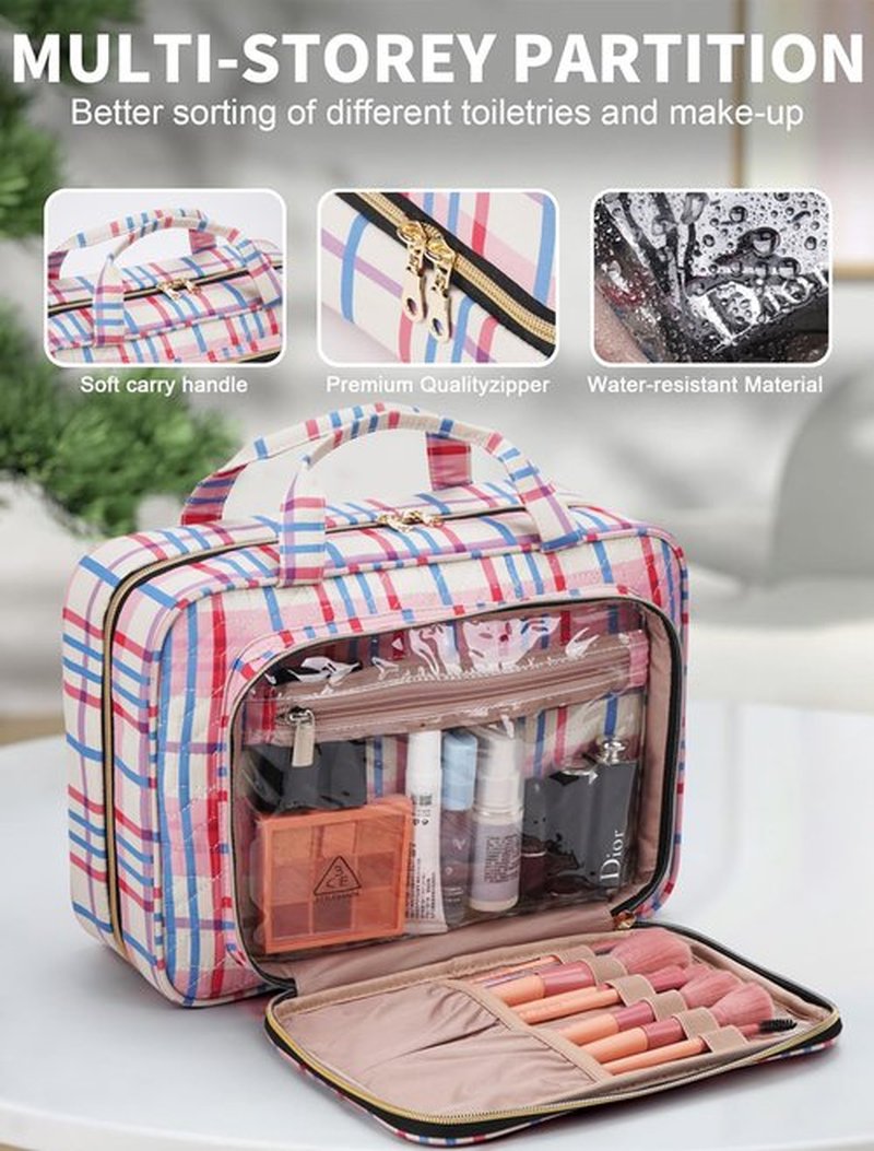 BALULHG Toiletry Bag Travel with Hanging Hook, Water-resistant Cosmetic Makeup Bag Organizer for Shampoo, Full Sized Container, Toiletries，Plaid-red-L