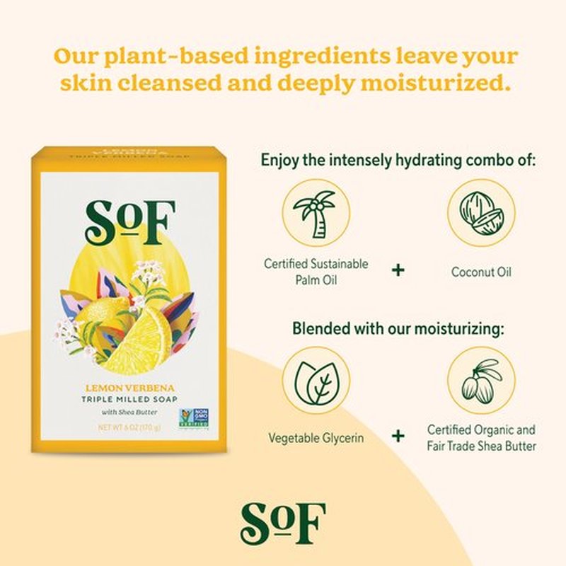 South Of France Lemon Verbena Bar Soap by SoF Body Care (Formerly Body Care) | Triple-Milled Soap with Shea Butter + Essential Oils| Vegan, Non-GMO Body Soap | 6 oz Bar | 6 Bars
