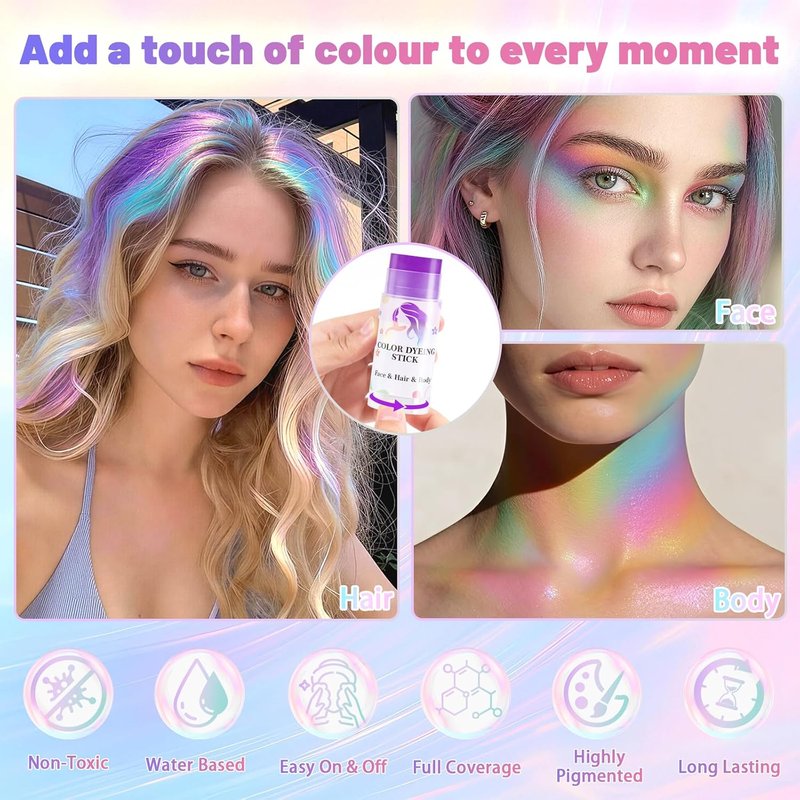 Temporary Hair Color Stick Set - Waterproof & Sweatproof Hair Chalk | Non-Sticky Washable Face & Body Paint (Red, Blue, Green, Purple)