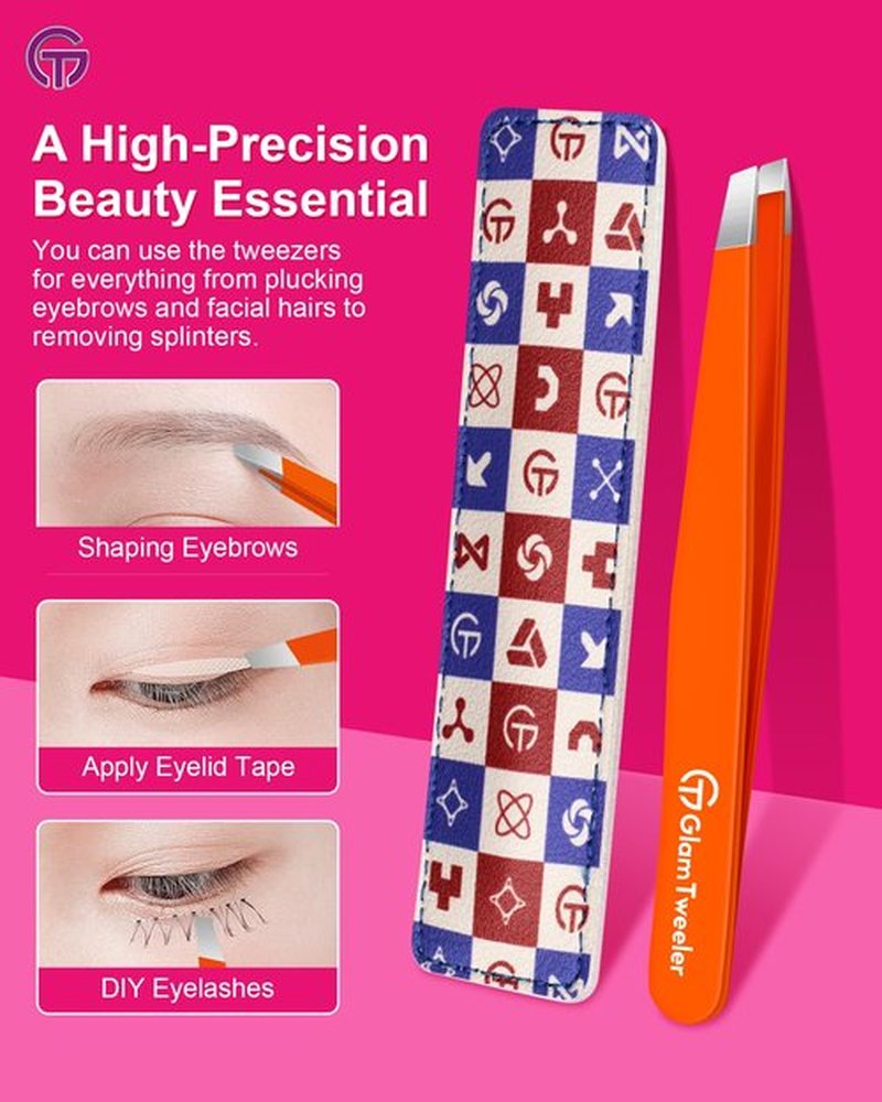 Expert Eyebrow Hair Removal Tweezer with Leather Case, GlamTweeler High Precision Slant Tip Stainless Steel Tweezers for Men and Women (Orange)