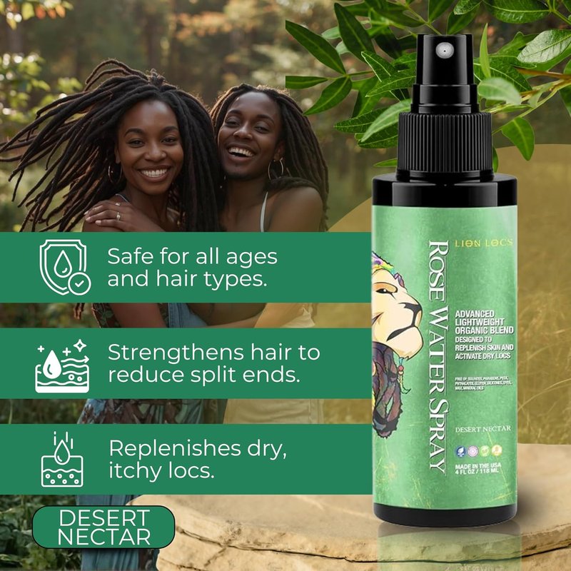 Lion Locs Rosewater Moisturizing Spray - Organic Vegan Conditioner for Locs & Skin | 4oz Desert Nectar
