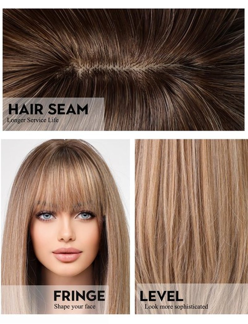 Getshow Ash Blonde Wigs for Women Layered Straight Long Wig with Bangs Natural Synthetic Hair with Dark Roots