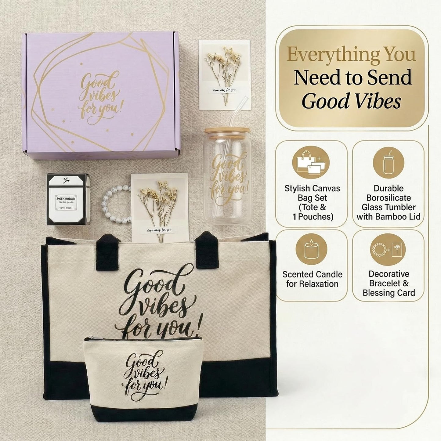 Birthday Gifts for Women 7PCS, Self Care Spa Gift Basket for Mom Wife Sister Friend, Relaxation Gift Box with Canvas Tote Bag Cosmetic Pouch Glass Cup Candle Bracelet Sunflower Bouquet Card