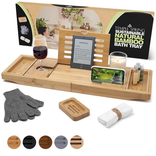Temple Spring Bathtub Caddy Tray - Extendable Bath Tray for Bathtub with Candle, Wine Glass, Book, Pad & Phone Holders - Adjustable Bathtub Tray Over tub w/Bathroom Accessories - Natural Wood