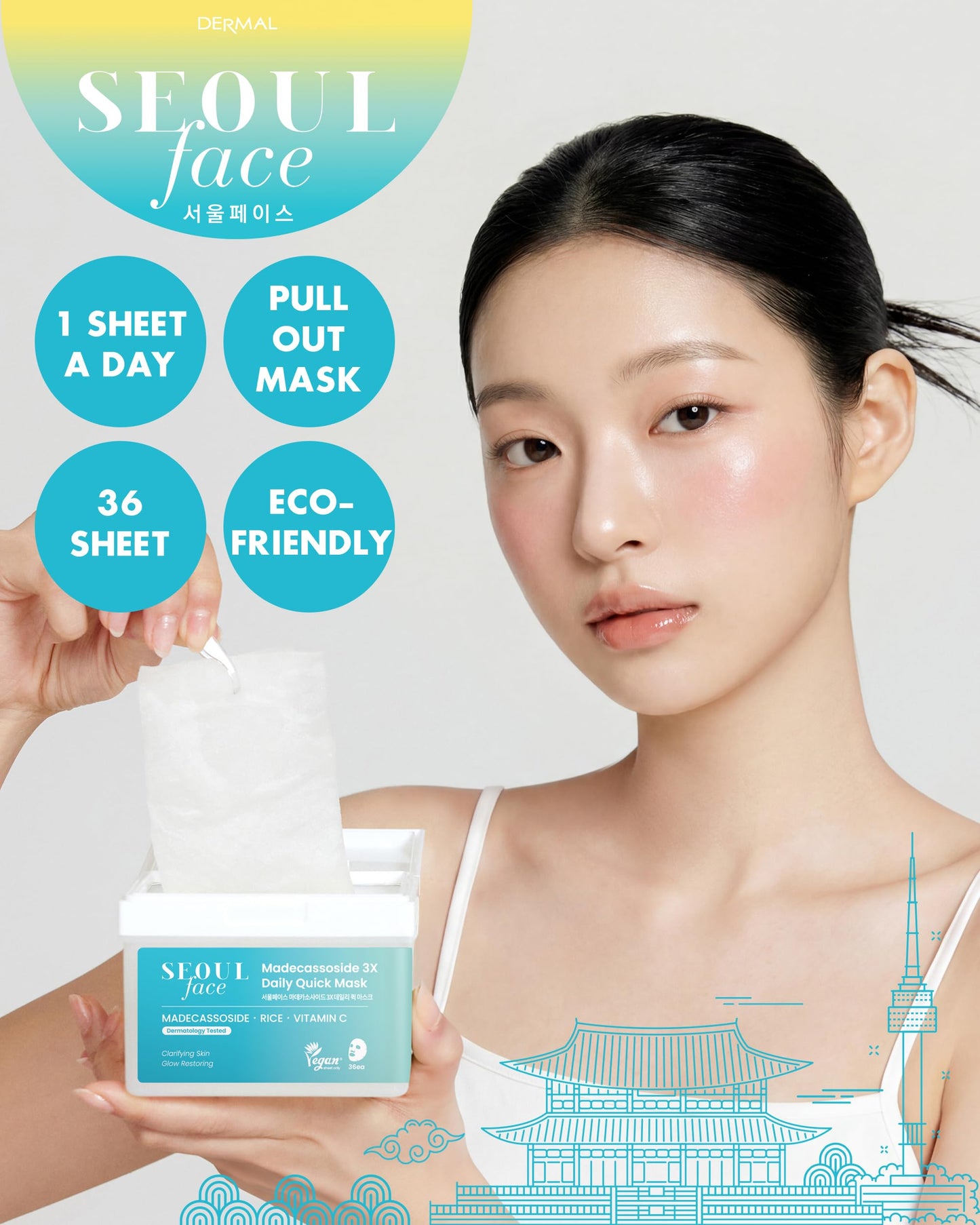 DERMAL Seoul Face Cica Madecassoside 5-Min Quick Sheet Mask 36 Count Bulk, Korean Centella Soothing Daily Pull-Out Dispenser with Tweezers, Rice Vitamin C Calming Face Mask for Redness Sensitive Skin