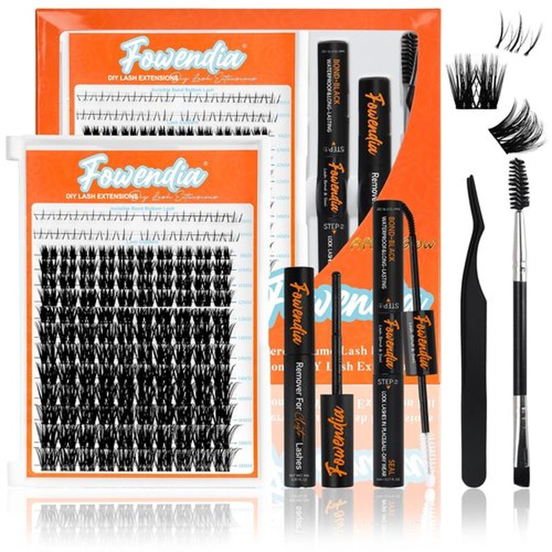 Fowendia Individual Cluster Lashes D Curl DIY Lashes Extension Kit Classic Lashes Lash Clusters 8-18mm with Bond, Seal, and Remover - Ultra-Invisible Band No-Glue Lower Lashes, Midnight Lover-Kit