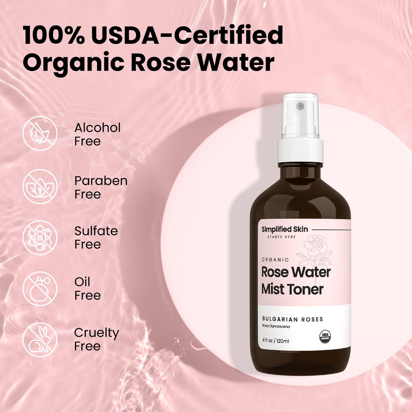 Rose Water Spray for Face & Hair – Pure USDA Organic Rosewater Toner – Refreshing Mist for Skin Care, Makeup & Locs – Natural Rose Scent, 4 Oz (3 Pack)