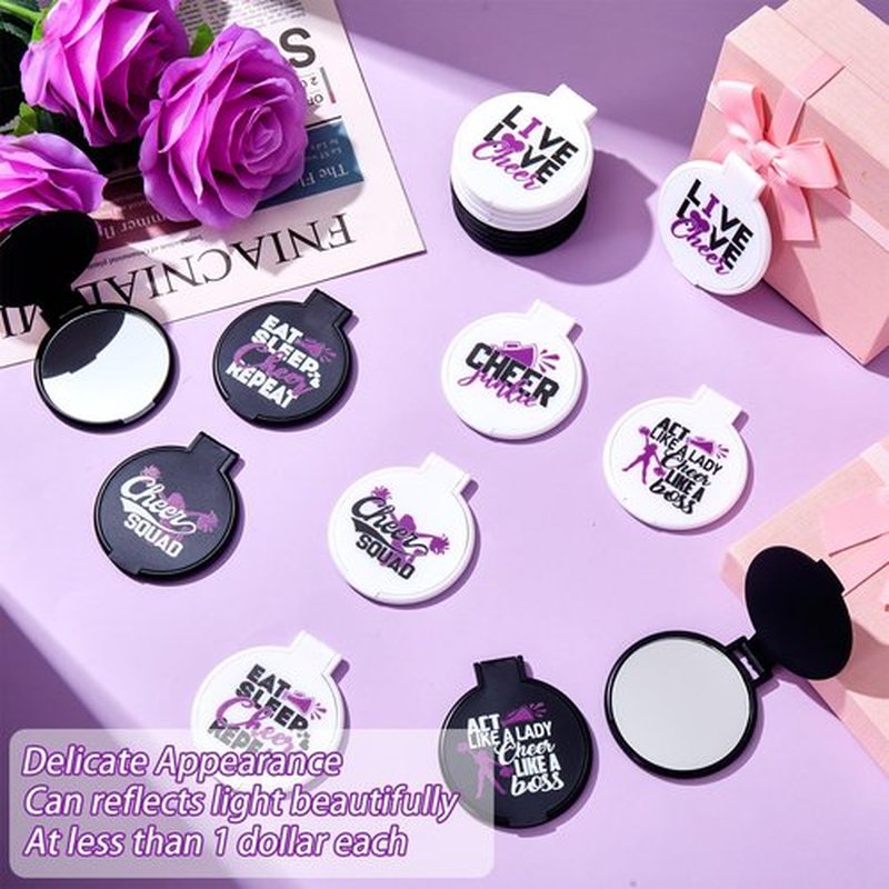 Wenqik 50 Pcs Cheerleader Mirror Gifts Cheerleading Compact Mirror Bulk Folding Pocket Mirror Cheer Party Favors for Team(Purple Cheer)