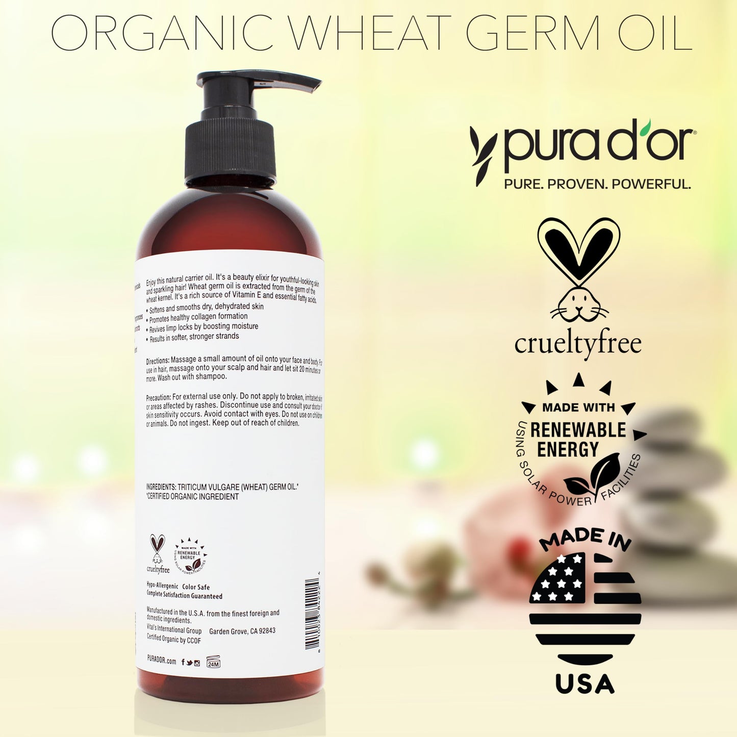 PURA D'OR ORGANIC Wheat Germ Oil (16 Oz x3 = 48 Oz) 100% Pure & Natural USDA Certified Cold Pressed Carrier Oil - Vitamin E Rich, Moisturizing & Nourishing Anti-Aging Properties - Healthy Hair Growth