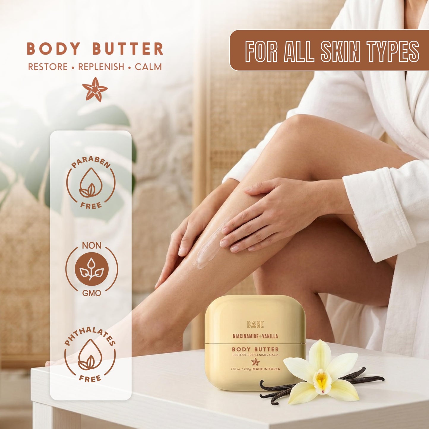 Baere Niacinamide Body Butter With Vanilla - Dermatologist Tested, Anti Aging, Korean Skin Care - Replenish Moisture, Calm Comfort & Restore Barrier - Vegan, Clean Beauty, Cruelty Free - 7.05 oz